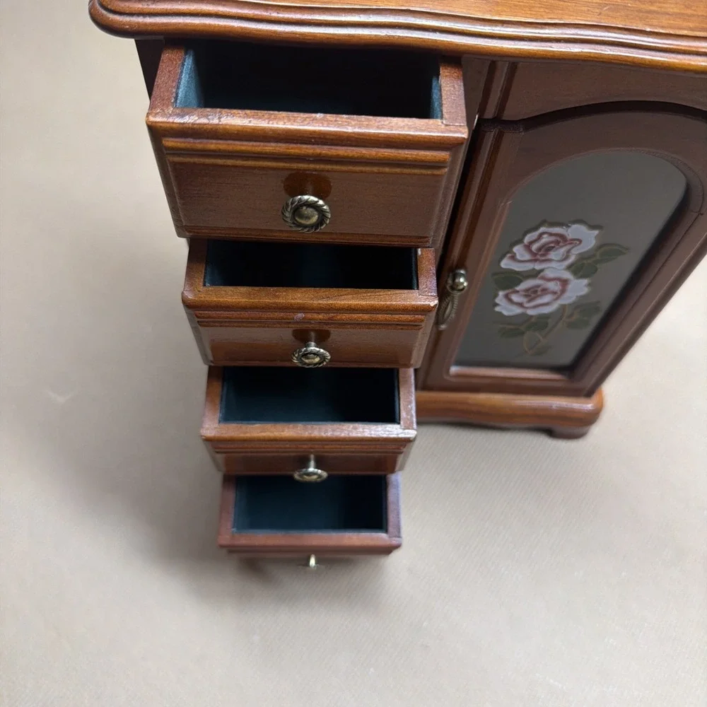 Vtg 80s Gunther Mele Dresser Top Jewelry Armoire box; Floral Painted Glass Door - Picture 7 of 12